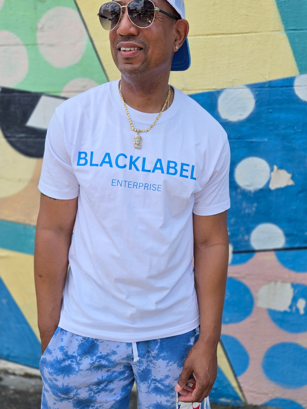 Blacklabel Enterprise logo tee - White shirt with Light Blue logo