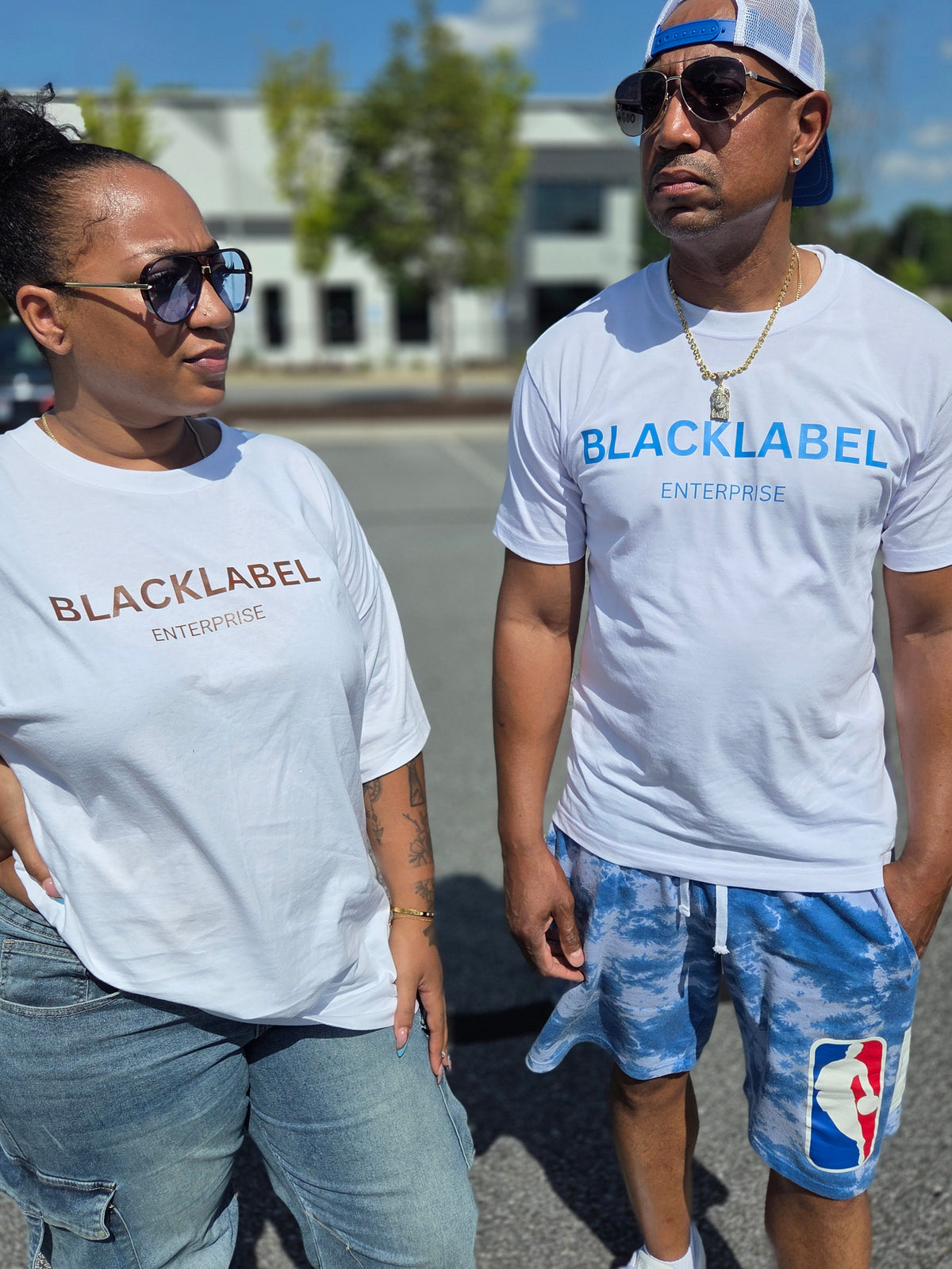 Blacklabel Enterprise logo tee - Brown and Light Blue logo options on White shirt