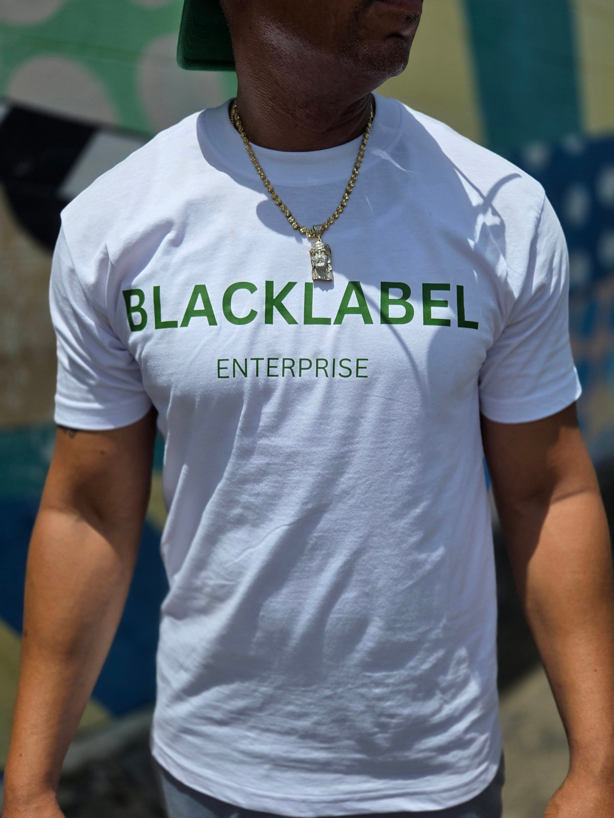 Blacklabel Enterprise logo tee - White shirt with Green logo, detail